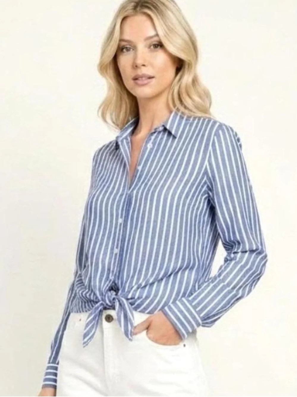 J. Crew Blue and White Striped Button-Down Tie-Front Shirt